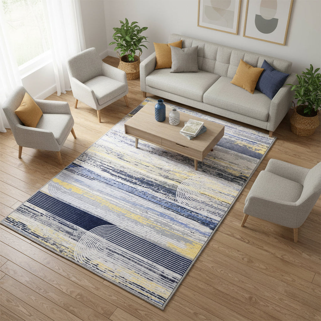 Muddy Carpet Horizon Washable Area Rugs for Living Room, Bedroom & Dining Room – Modern Soft Low Pile Non Slip Carpet – Pet Friendly Waterproof Foldable Rugs for Home
