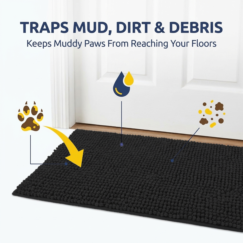 Muddymats® T.Max Dog Door Mat for Muddy Paws – Dirt-Trapping Chenille Entryway Muddy Carpet®, Super Water Absorbent Microfiber, Quick Dry, Slip Resistant Washable Indoor Mat