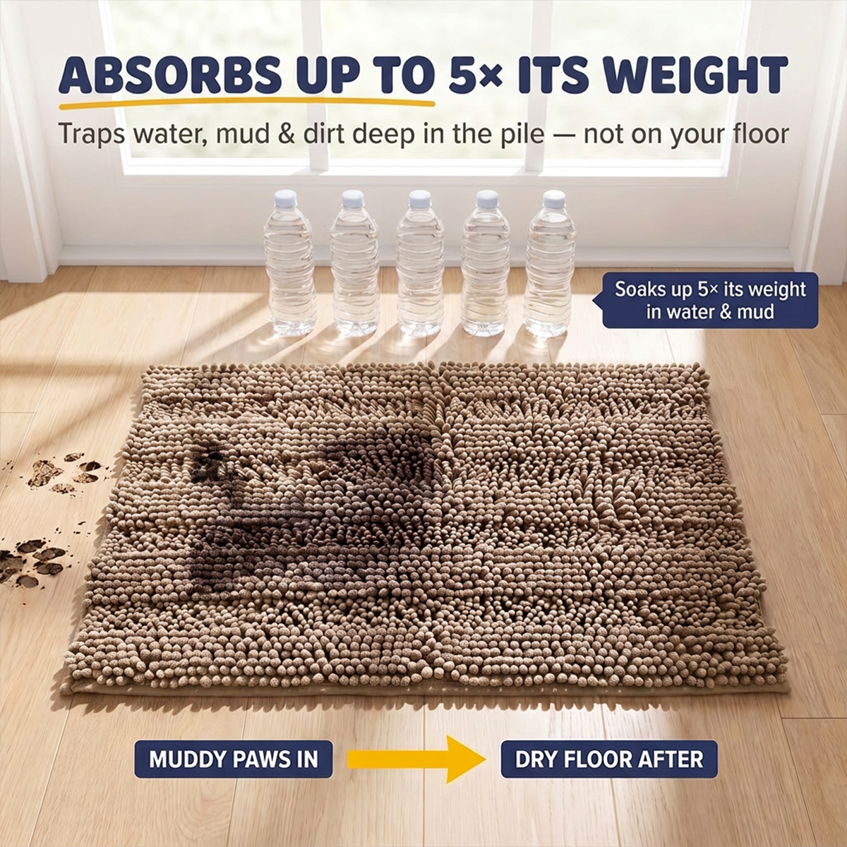 Muddymats® StripeMax Dog Floor Mat for Muddy Paws – Thick Plush Striped Chenille Muddy Carpet®, Super Water Absorbent Microfiber, Quick Dry, Slip Resistant Washable Indoor Mat