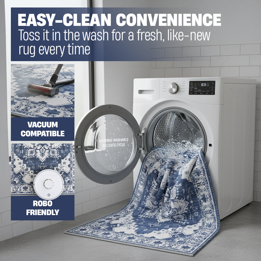 Muddy Carpet Navybell Washable Area Rugs for Living Room, Bedroom & Dining Room – Modern Soft Low Pile Non Slip Carpet – Pet Friendly Waterproof Foldable Rugs for Home