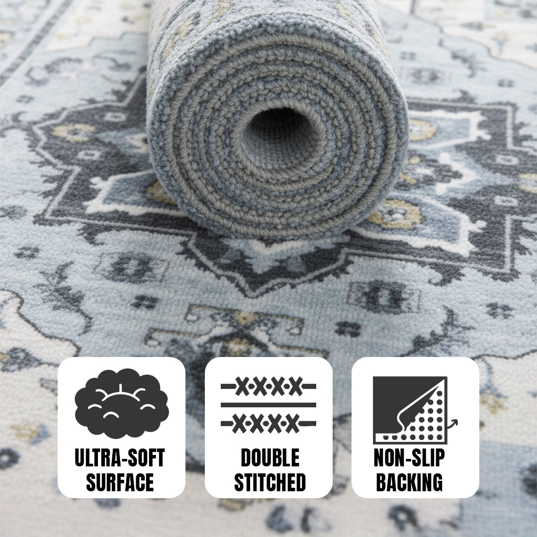 Muddy Carpet Azure Washable Area Rugs for Living Room, Bedroom & Dining Room – Modern Soft Low Pile Non Slip Carpet – Pet Friendly Waterproof Foldable Rugs for Home