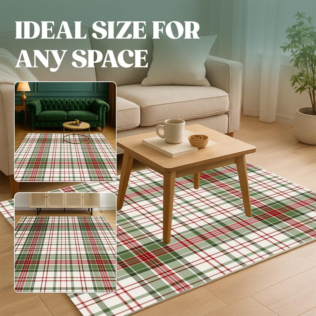Muddy Carpet Plaid Washable Area Rugs for Living Room, Bedroom & Dining Room – Modern Soft Low Pile Non Slip Carpet – Pet Friendly Waterproof Foldable Rugs for Home