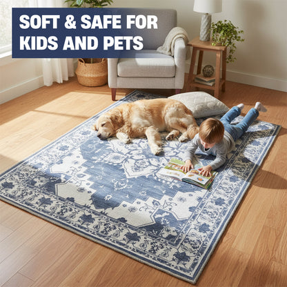 Muddy Carpet Navybell Washable Area Rugs for Living Room, Bedroom & Dining Room – Modern Soft Low Pile Non Slip Carpet – Pet Friendly Waterproof Foldable Rugs for Home