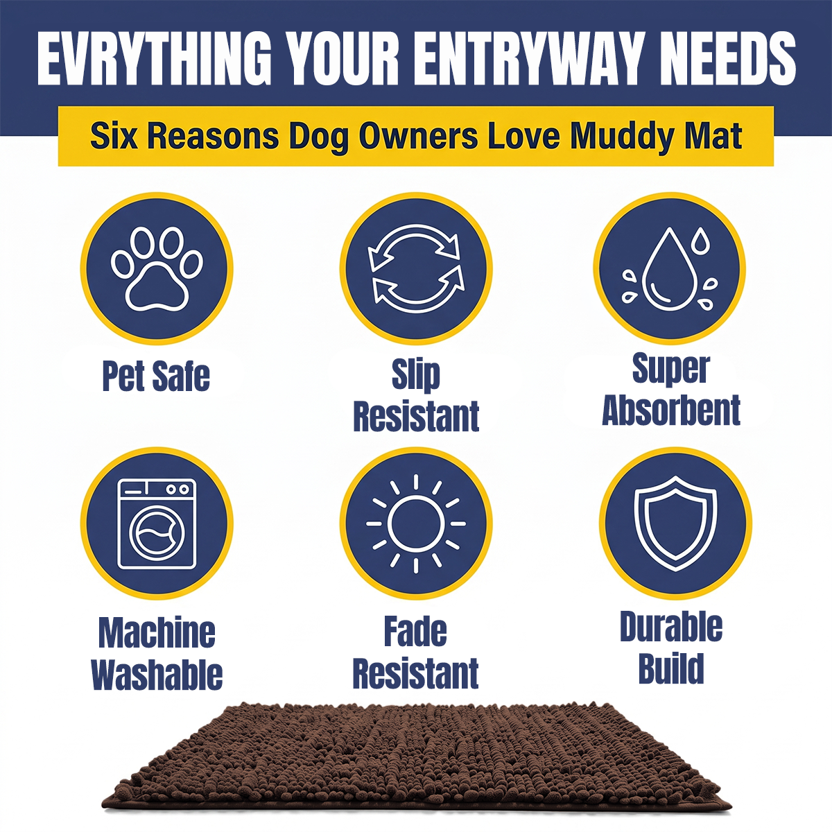 Muddymats® MudMax Dog Door Mat for Muddy Paws – Ultra Water Absorbing Mat Chenille Muddy Carpet® Soaks 5X Water, Microfiber Quick Dry, Slip Resistant Machine Washable Indoor Mat
