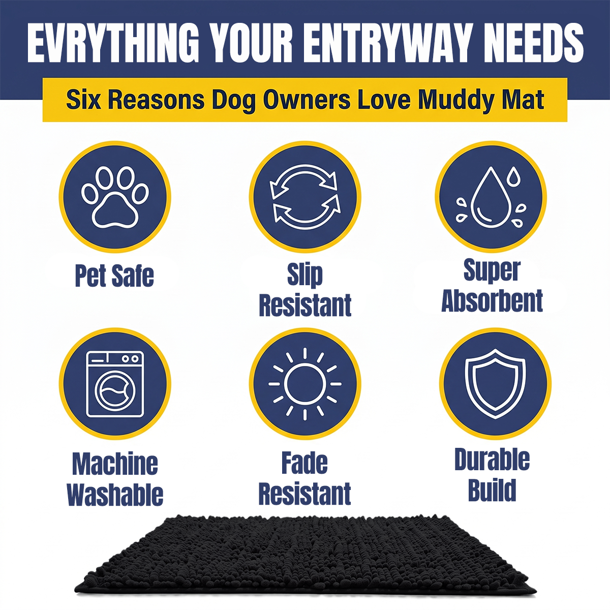 Muddymats® MudMax Dog Door Mat for Muddy Paws – Ultra Water Absorbing Mat Chenille Muddy Carpet® Soaks 5X Water, Microfiber Quick Dry, Slip Resistant Machine Washable Indoor Mat