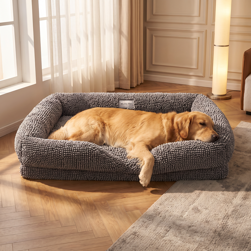 Muddymats® Rectangle Dog Bed — Real Memory Foam Support, Cozy Chenille Cover, Machine Washable | Fits Small to Large Dogs