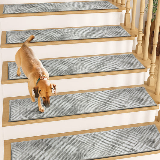 Muddymats® - Soft Chenille Stair Treads Non-Slip Reusable, Super Absorbent Stair Treads for Wooden Steps, Tile & Marble Floor, Easy to Install & Machine Washable - Grid 30'' x 7''